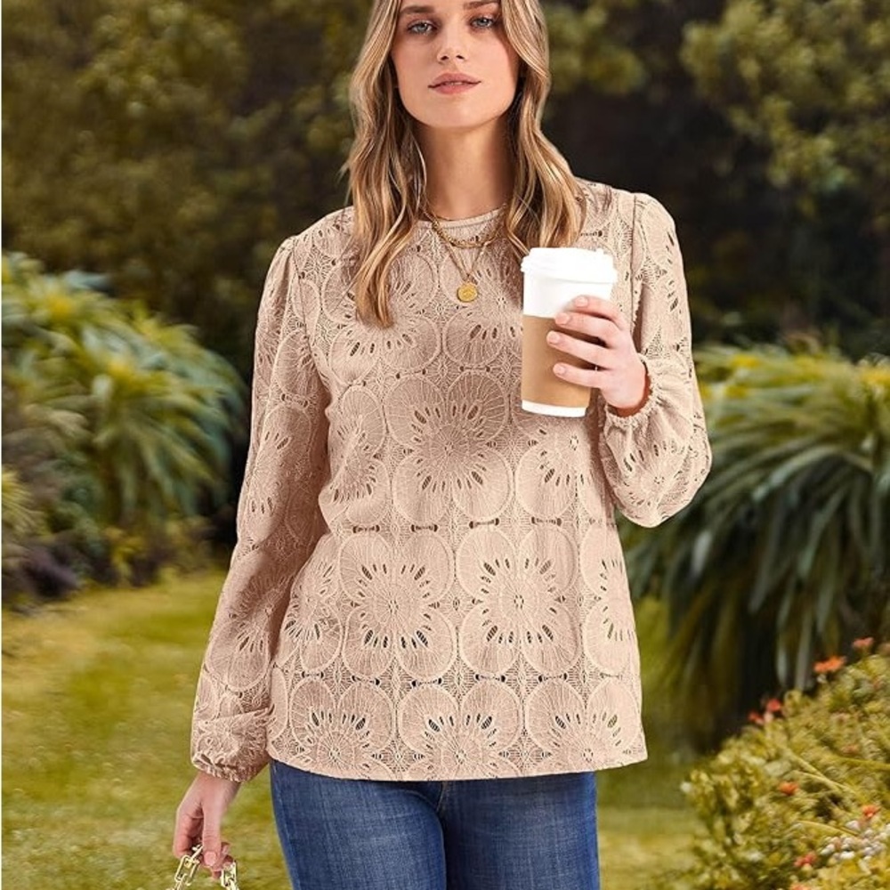 OFEEFAN Women's Blouses, Casual Long-Sleeved Shirts, Floral Lace Blouses, Sz XL